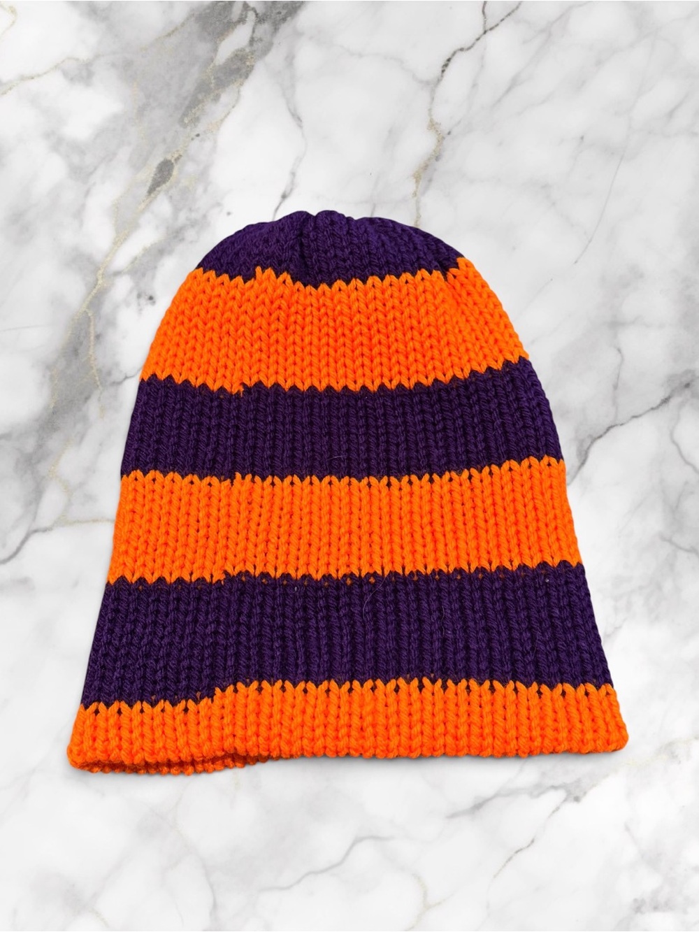 Unisex Striped Knit Beanie Hat - Purple & Orange